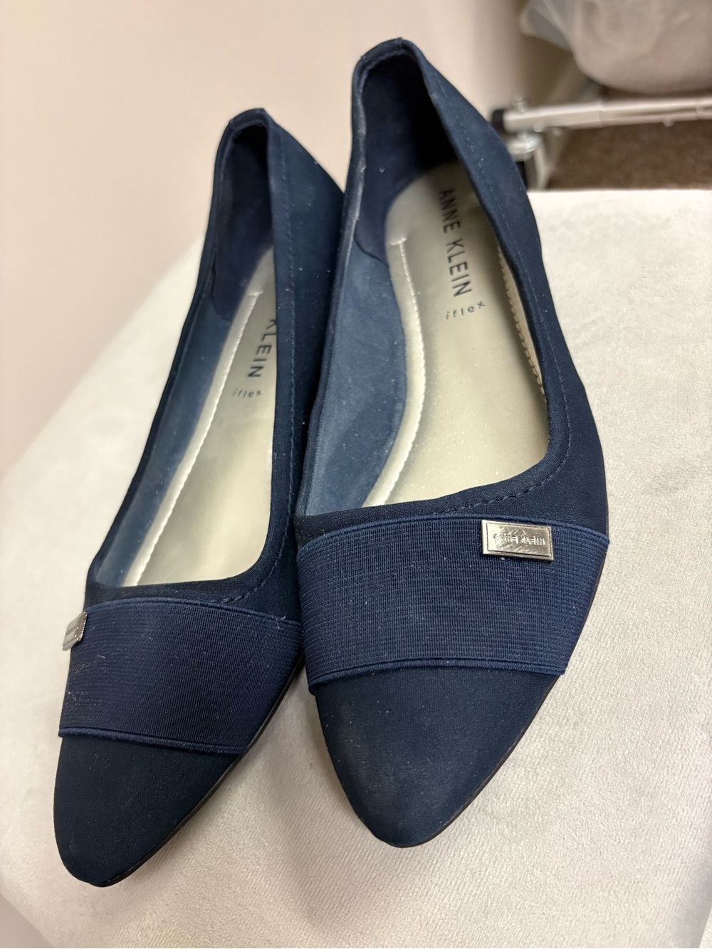 Anne Klein Navy Pointed Toe Slip-On Flats with Elastic Band